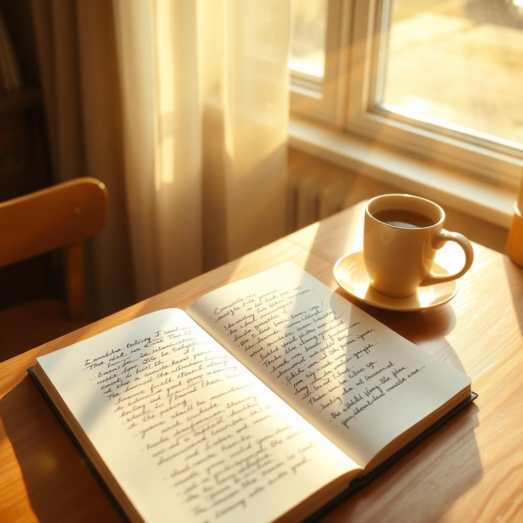 Caderno aberto com anotações em inglês sobre uma mesa iluminada pelo sol
